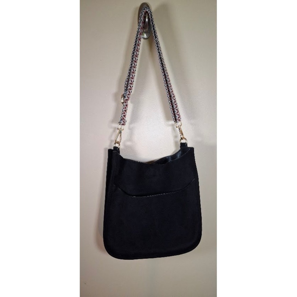 Ahdorned Black Faux Suede Messenger Crossbody Bag with Woven Guitar Strap